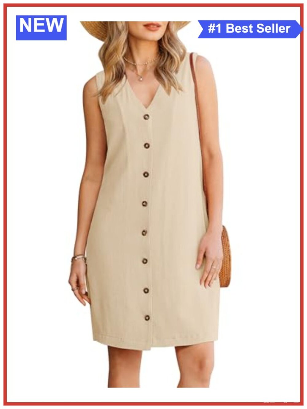 Linen Cotton Sleeveless V-Neck Button Down Knee Length Casual Sun Dress